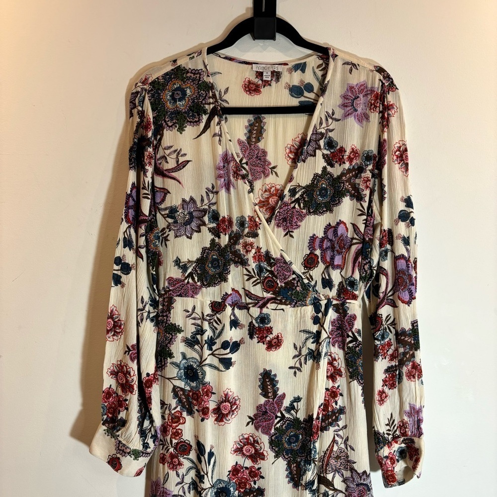 PATRONS OF PEACE Sz M Floral Faux Wrap Balloon Cuffed Sleeves Deep-V Maxi  Dress - Picture 3 of 14